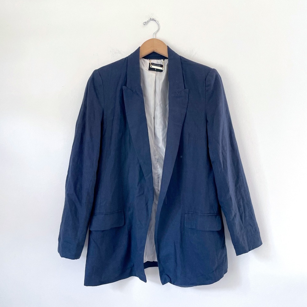 Tahari Navy Blue Linen Blend Blazer Jacket Open Front Minimalist Quiet Luxury